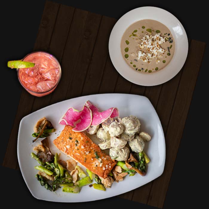 Juniper's Restaurant in Lanesboro, MN menu favorites include the seafood salmon entrée, homemade mushroom soup, and specialty recipe margarita cocktail
